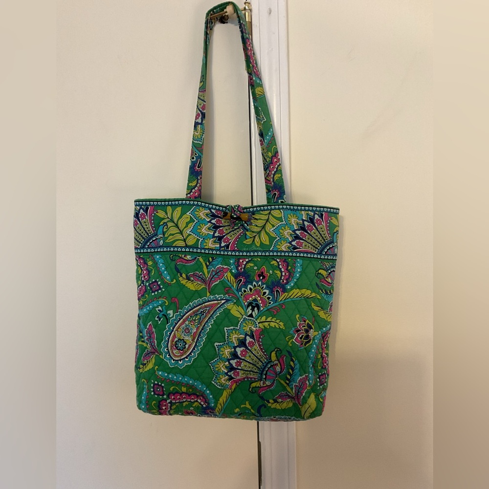Vera Bradley Emerald Green Paisley Quilted Tote w/ Tortoiseshell Toggle Closure